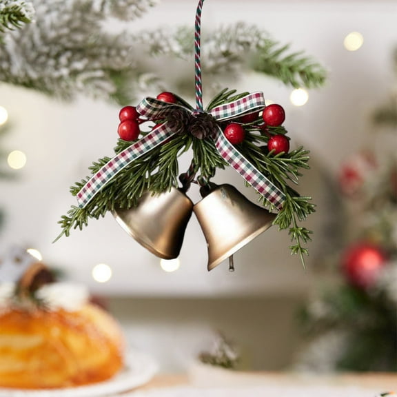 Tuscom Christmas Tree Bell Ornament with Bow, Festive Holiday Decor for Christmas Tree, Door, Mantel, 7.09x5.12in