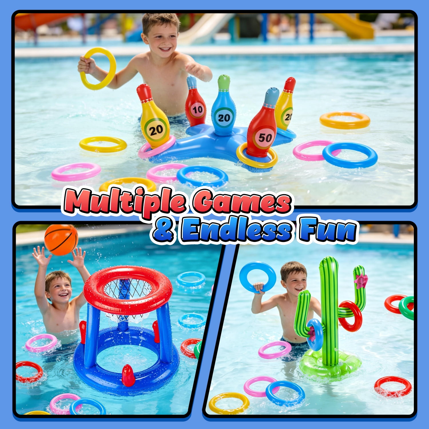 JoyStone Pool Toys Games Set, Floating Basketball Hoop Inflatable Cross Ring Toss Game Toys for Kids Adults, Summer Party Swimming Pool Water Games