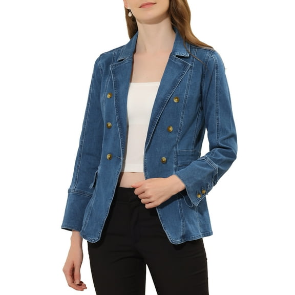 INSPIRE CHIC Women's Jean Blazer Lapel Notch Collar Long Sleeve Denim Jackets XS Denim Blue