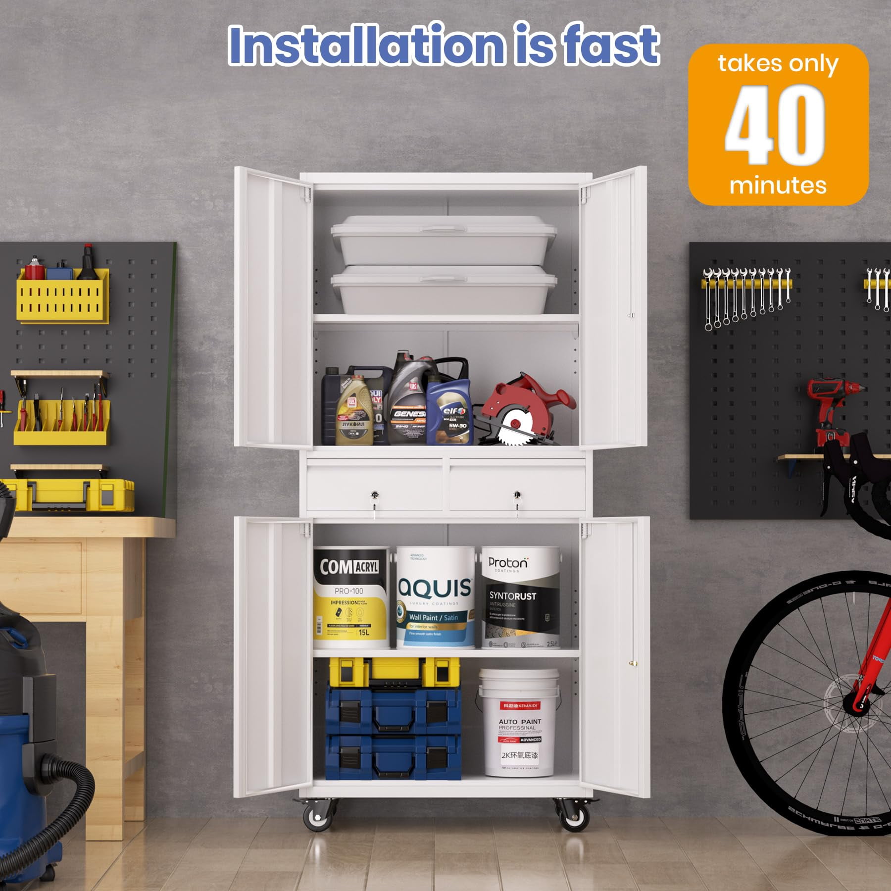 Heavy Duty 73'' Metal File Cabinet for Office & Workshop, 2 Drawers, Locking Doors, Adjustable Shelves, Mobile Wheels, Secure Steel Storage Cabinet