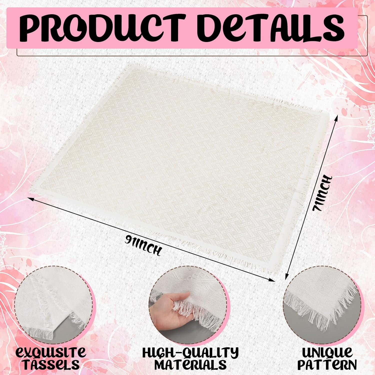 91 x 71 Extra Large Outdoor Boho Picnic Blanket with Pink Table Runner, 6 Throw Pillow Covers 6 Napkins Woven Cotton Yarn Oversize Beach Blanket Washable Picnic Camp Wedding