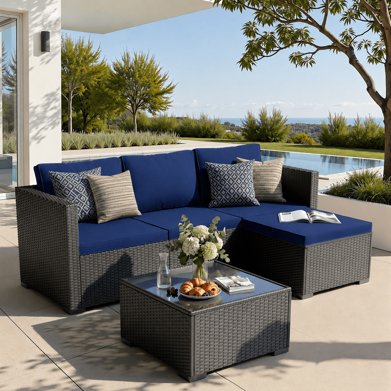 Patio Furniture Set 5 Piece - Wide Armrests - All-Weather Wicker Rattan Outdoor Patio Conversation Couch Sets, Modular Sectional Sofa for Garden, Patio, Poolside, Backyard, Balcony, Porch,Navy Blue