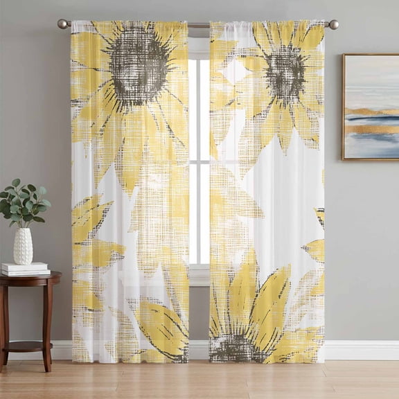 Yellow Sunflower Sheer Curtains 96 Inch Length 2 Panels Set, Spring Summer Floral Botanical Retro Voile Window Treatment Semi Sheer Long Curtains Drapes for Bedroom/Living Room/Kitchen 52"x96"x2