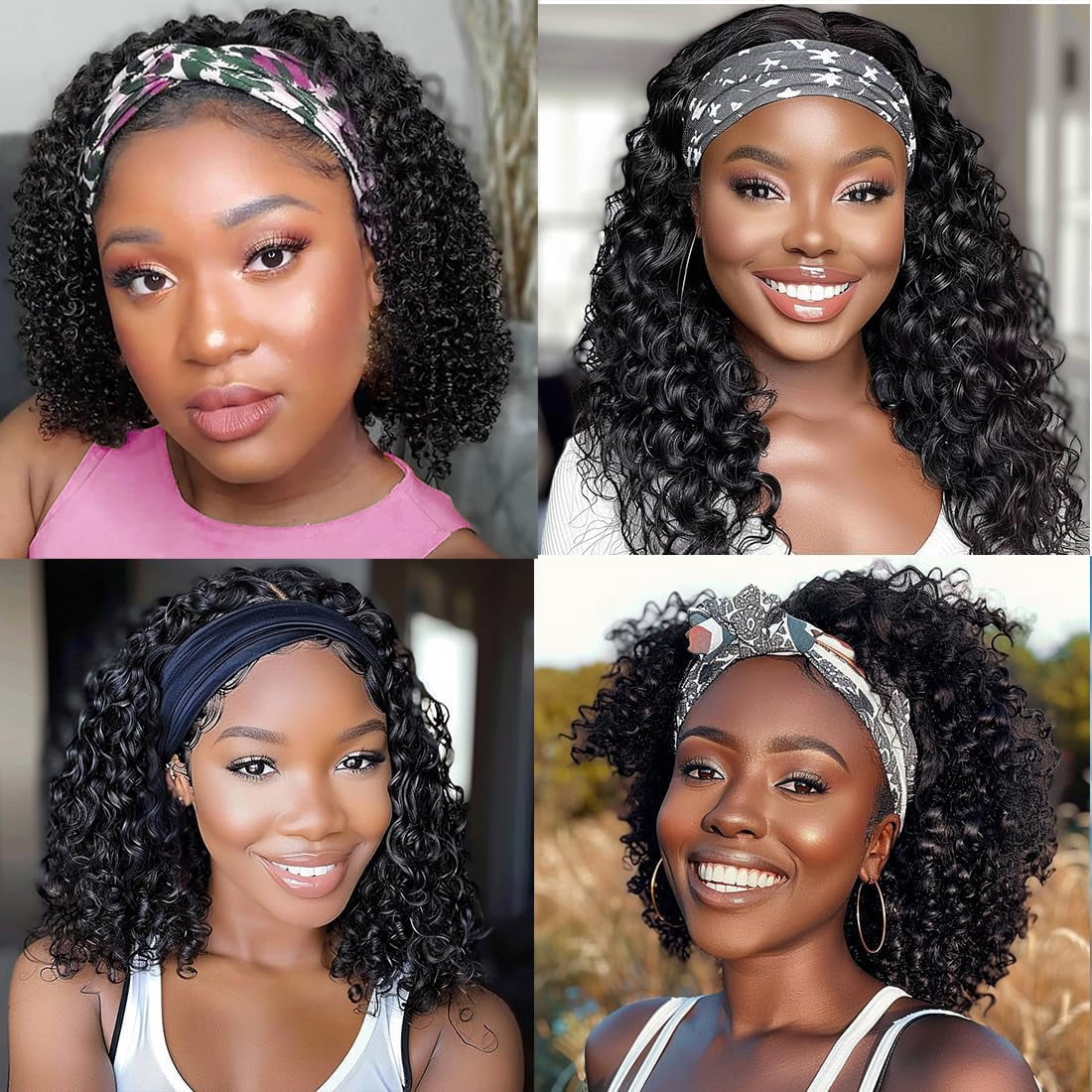 Headband Wig Human Hair 180% Density 10 Inch Deep Wave Headband Wigs Human Hair Wig Glueless Wigs Human Hair Natural Color Curly Human Hair Wigs for Black Women Human Hair None Lace Front Wigs Human H