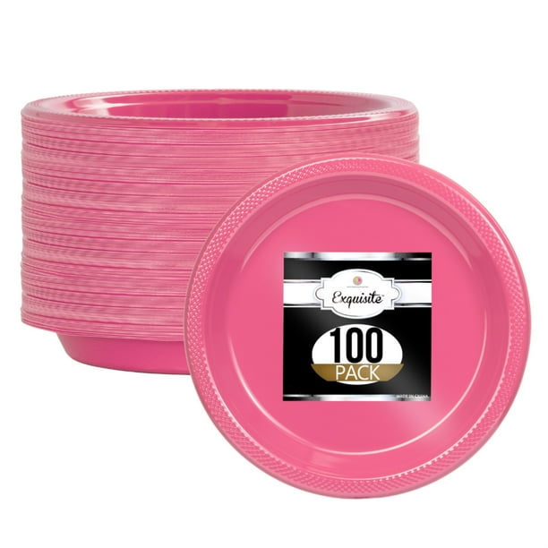 Exquisite 7" Disposable Plastic Plates Bulk 100 Ct. Disposable Dessert/Salad Plates, Hot Pink