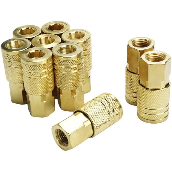 10 Pack Female Air Coupler, 1/4-Inch NPT Thread Quick Coect Air Tool Fittings, Industrial M Style Coupler with Brass Finish for Quickly and Safely Discoect Air Hose
