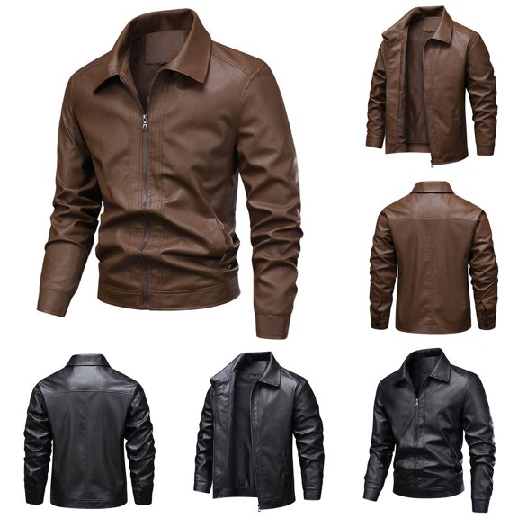 Lovzfmll Leather Jacket for Men, Windproof Warm, Lapel Collar, Zip Pockets, Solid Color, Long Sleeve, Fall Outerwear