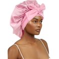 thumbnail image 4 of Zhuge Gorro de seda satinada para dormir para mujer, gorro grande para el pelo, gorro para dormir por la noche, bufanda envolvente para mujer, trenzas, cabello rizado con banda para atar (rosa), 4 of 4