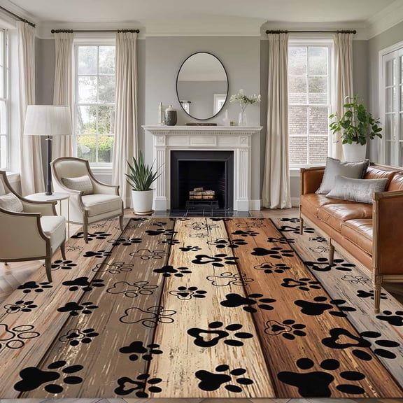 Brown Beige Area Rugs 8'x10', Washable Small Throw Rugs for Living Room Patio, Rustic Farmhouse Dog Paw Vintage Indoor Outdoor Rug Non-Slip Low Pile Carpet Runner Reversible Floor Mats