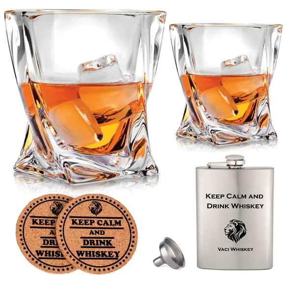 Vaci Verres à Whisky en Cristal – Ensemble de 2 Verres à Bourbon, Gobelets pour Boire du Scotch, du Cognac, du Whisky Irlandais, Grands 10 Oz de Qualité Supérieure Sans Plomb avec Flasques en Acier Inoxydable, Tasses, Cadeau de Luxe B