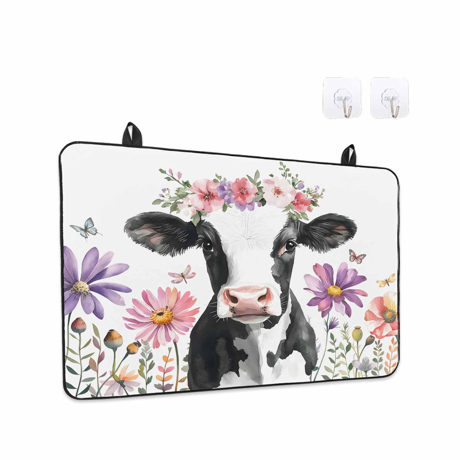 Flowers Cow Stove Top Cover for Electric Stove, Heat-proof & Non Slip Glass Top Stove Cover Protector, Spring Botanical Floral Plants Butterfly Kitchen Flat Cooktop Rubber Mat 24x21 Inches