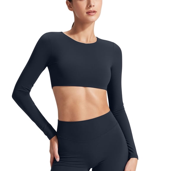 PYGNJK Women's Long Sleeve Crop Yoga Tops Crew Neck Slim Fit Stretchy Seamless Workout Athletic Layering Basic Shirts