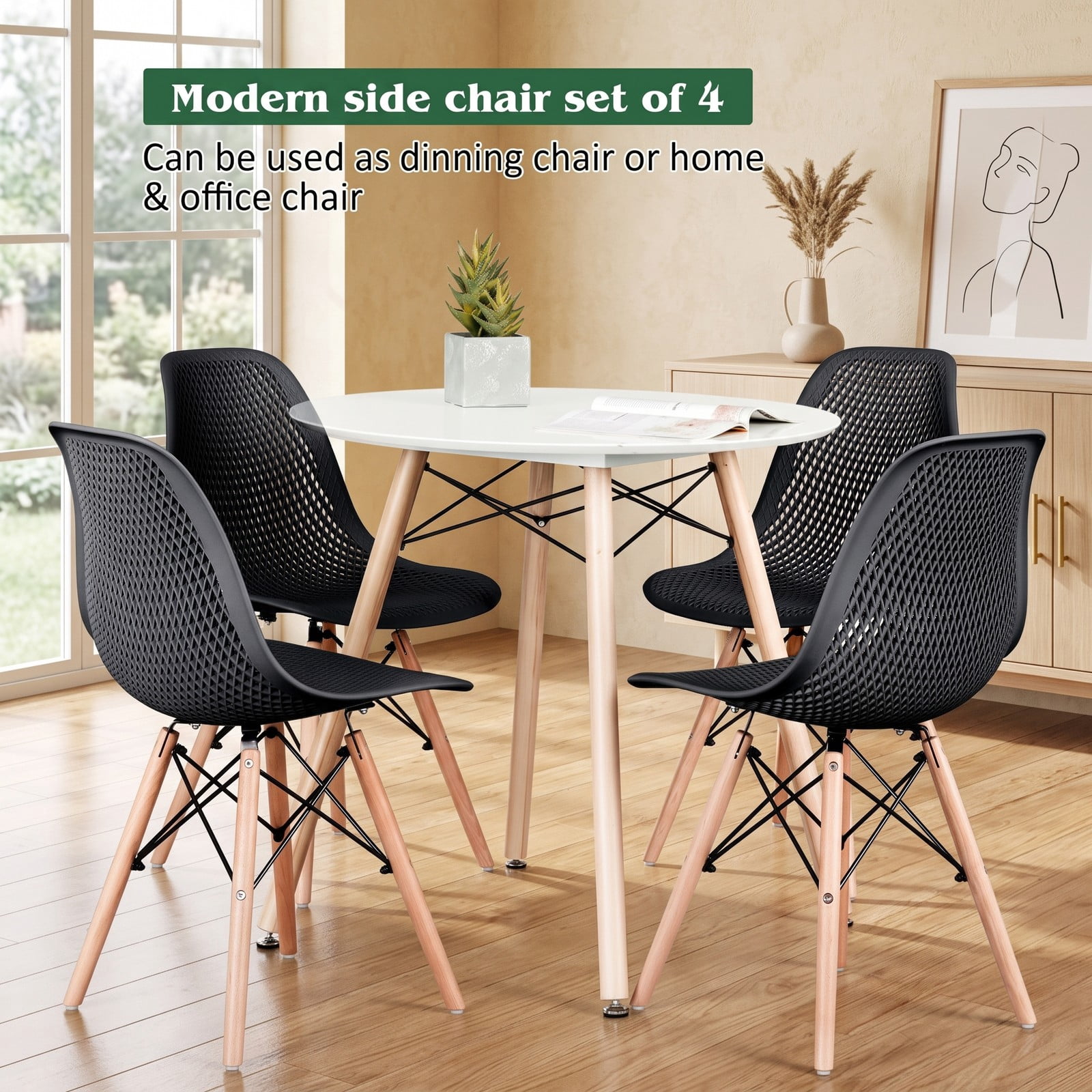 Furnibear Modern Plastic Dining Chair Set of 4, Mid-Century Hollow Kitchen Side Chairs with Solid Beech Wood Legs, Breathable Mesh Back, Waterproof Seat for, Black