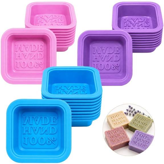 30 Pcs Silicone Soap Molds, 100% Handmade Square Silicone Molds, Easy to Release DIY Handmade Mould for Soap Making, Baking Cakes, Pink, Purple and Blue