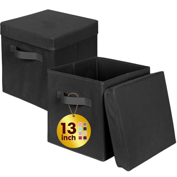 PinkSheep Collapsible Storage Bins with Lids, Foldable Fabric Storage Cubes Organizer Bins Basket(13" x 13"), Black, 2 Pack