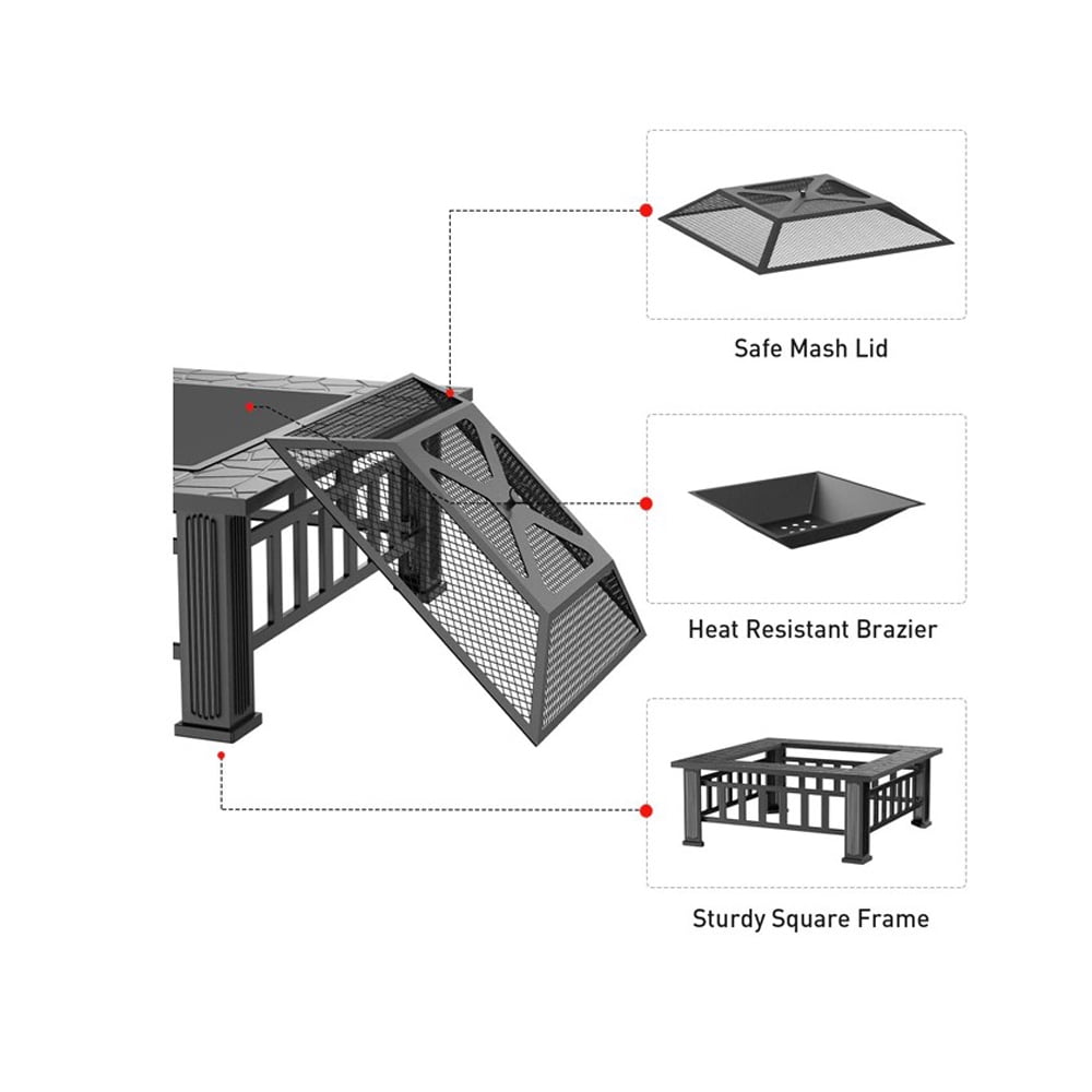 Fire Pit for Outside, 32" Outdoor Wood Burning Firepit with Fireplace Screen, Square Metal Patio Fireplace Tables for Camping, Outdoor Heating, Bonfire and Picnic, Black