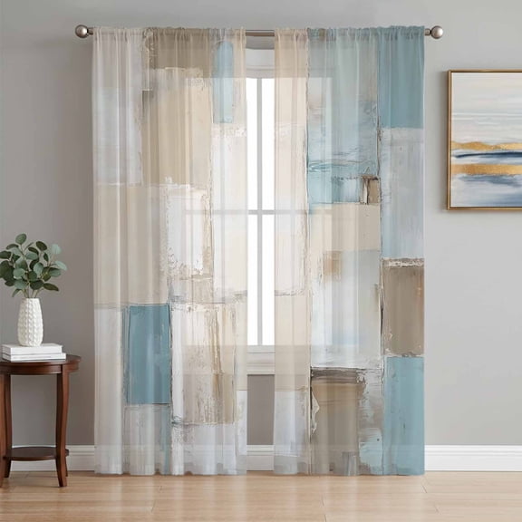 Blue Beige Semi Sheer Curtains 84 Inch Length 2 Panels Set, Modern Abstract Color Blocks Sheer Kitchen Curtain Privacy Voile Window Curtain for Living Room Bedroom Rod Pocket Drapes