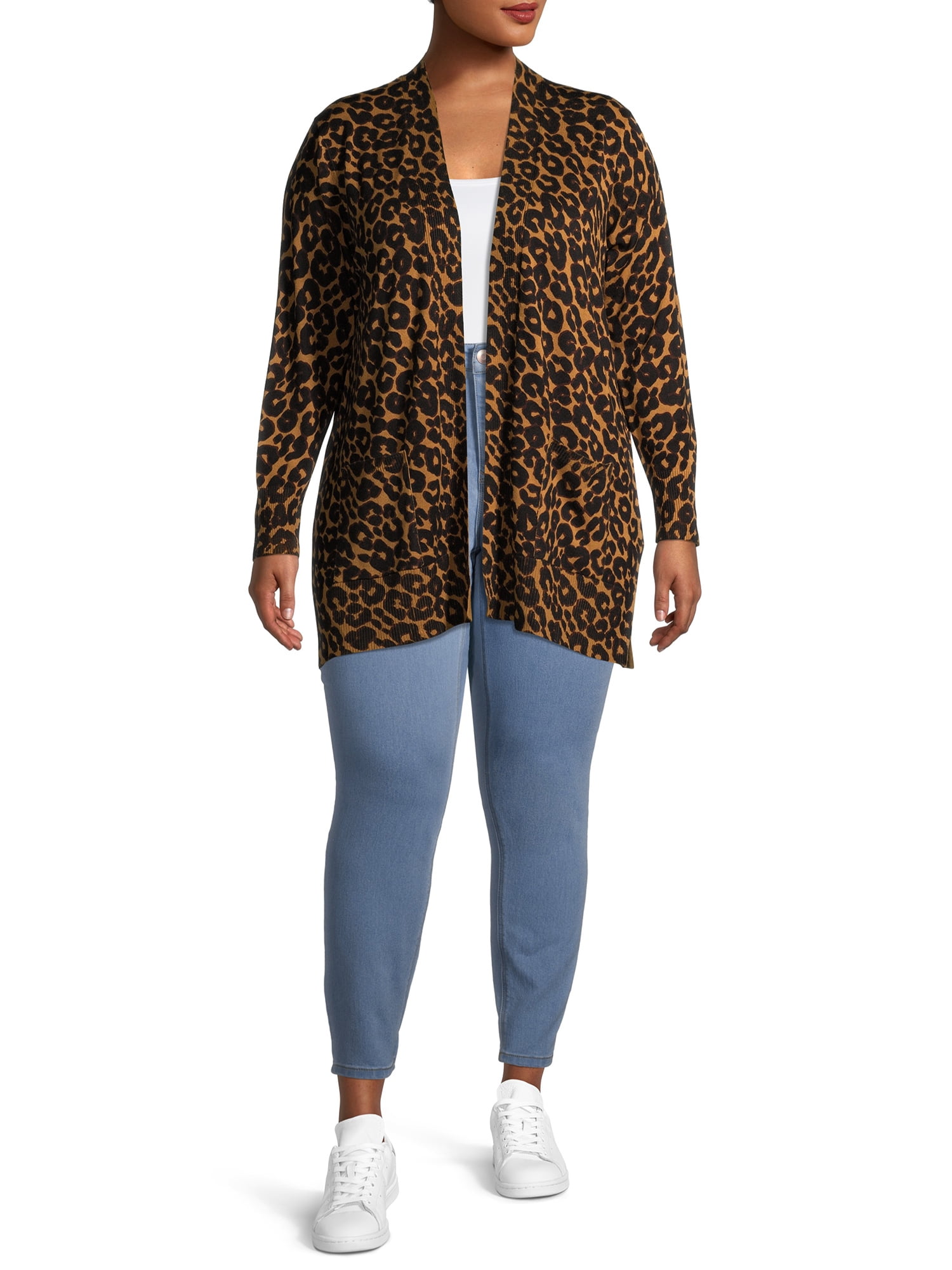 Terra & Sky Women's Plus Size Everyday Essential Leopard Print Open-Front  Cardigan