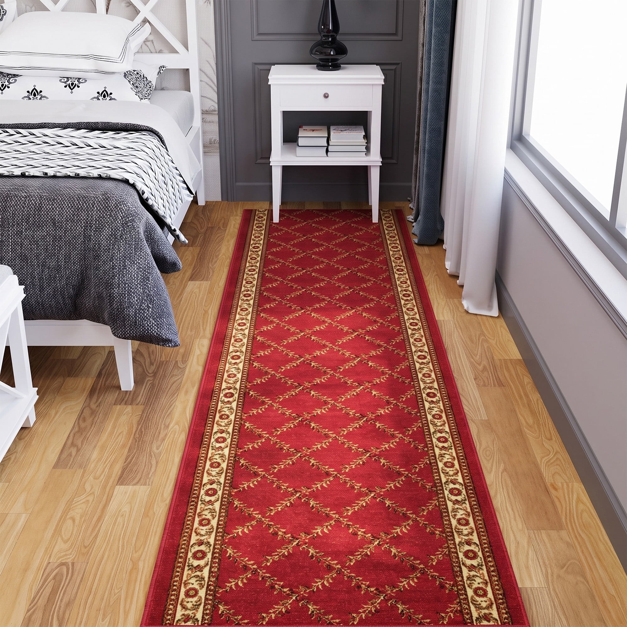Ottomanson Extra Long Runner Rug 2'7" x 15' – Non-Slip Low Pile Hallway Carpet, Trellis Burgundy Red