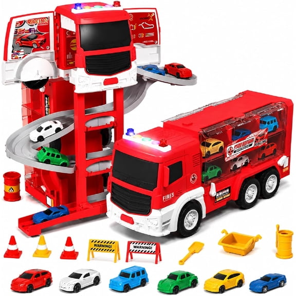 Lenbar Transforming Carrier Truck, 3-Level Parking Garage for Kids with 6 Cars, Spiral Race Track, One-Button Launcher, Truck Gift for Kids Ages 3 