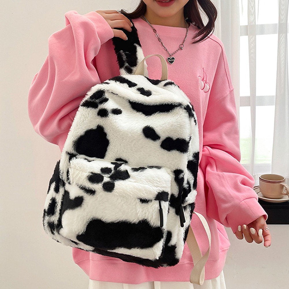 Jiibva Plush Animal Cow Print Backpack for Women Stylish Bag Personalized Travel Shoulder Bag Bookbag Trendy Daypack Purse