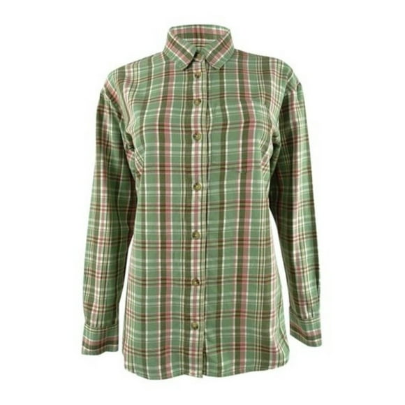 RALPH LAUREN Womens Green Pocketed Shirttail Hem Plaid Cuffed Sleeve Collared Button Up Top L