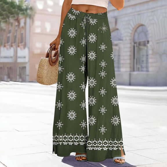 ClodeEU Women's Boho Print Wide Leg Palazzo Pants,Elastic High Waist Flowy Casual Trousers ,Women's Plus L