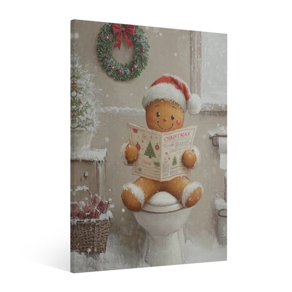 Vintage Christmas Gingerbread Man Wall Art Paint Framed - Retro Xmas Festive Winter Holiday Christmas Wall Decor Canvas Print for Living Room Kitchen Bathroom Home Bedroom Decor