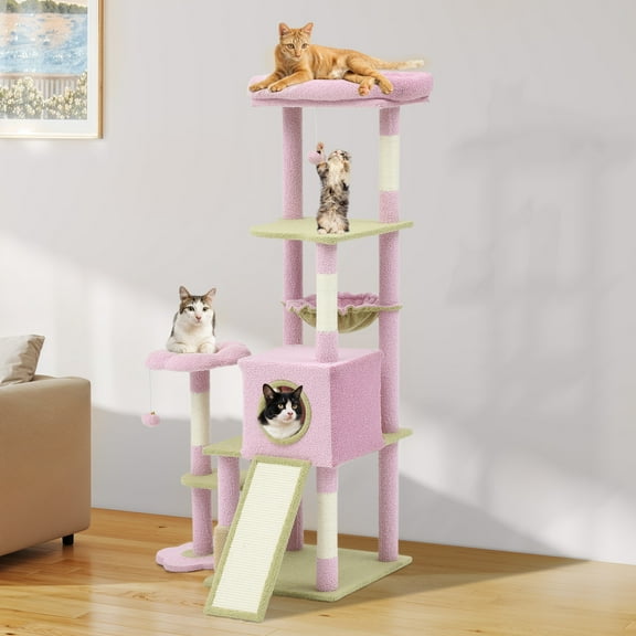 Uforic 61" Large Flower Cat Tree Tower with Hammock, Sisal Scratching Posts and Cat Scratched Board, Pink & Green