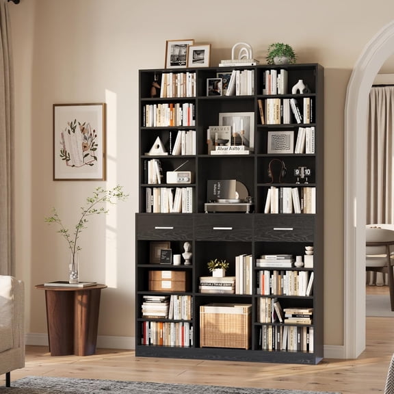 75" Tall White 9-Tier Bookcase with Drawers, 47" Wide Farmhouse Adjustable Bookshelf for Living Room