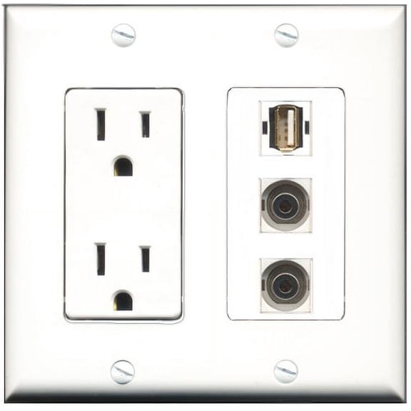 RiteAV - 15 Amp Power Outlet 1 Port USB A-A 2 Port 3.5mm Decorative Wall Plate
