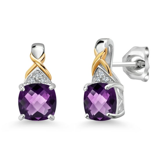 Gem Stone King 925 Sterling Silver and 10K Yellow Gold Purple Amethyst and White Lab Grown Diamond Earrings for Women (1.41 Cttw, Gemstone February Birthstone, Cushion Checkerboard 6MM)