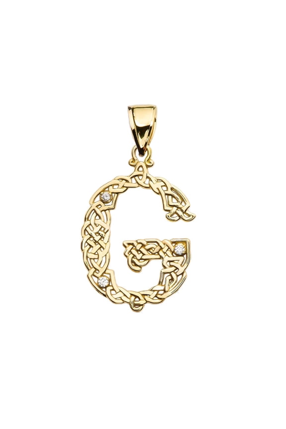 G" INITIAL IN CELTIC KNOT PATTERN YELLOW GOLD PENDANT NECKLACE WITH DIAMOND : 14K Pendant only