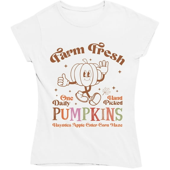 Farm Fresh Pumpkins One Daily Hand Picked Hayrides Apple Cider Corn Maze with Cute Face Fall T-Shirt
