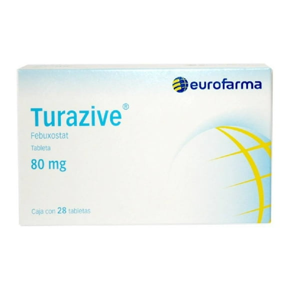 Turazive Febuxostat caja con 28 tabletas de 80mg cada una