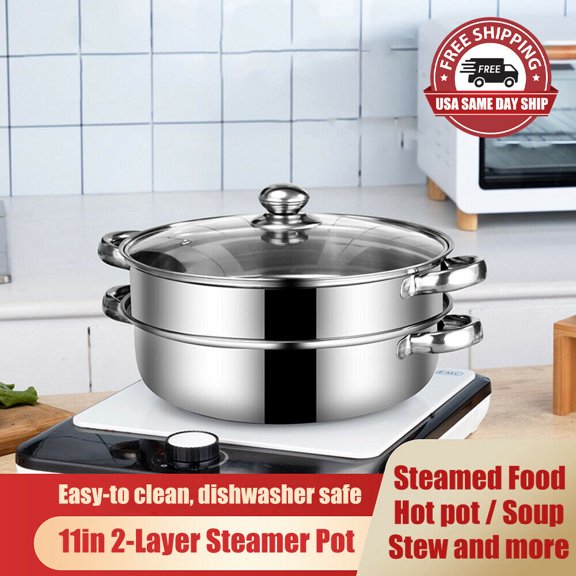 2-Layer Stainless Steel Cooking Wok Soup Stew Pot Steamer with Lid Glass Cover