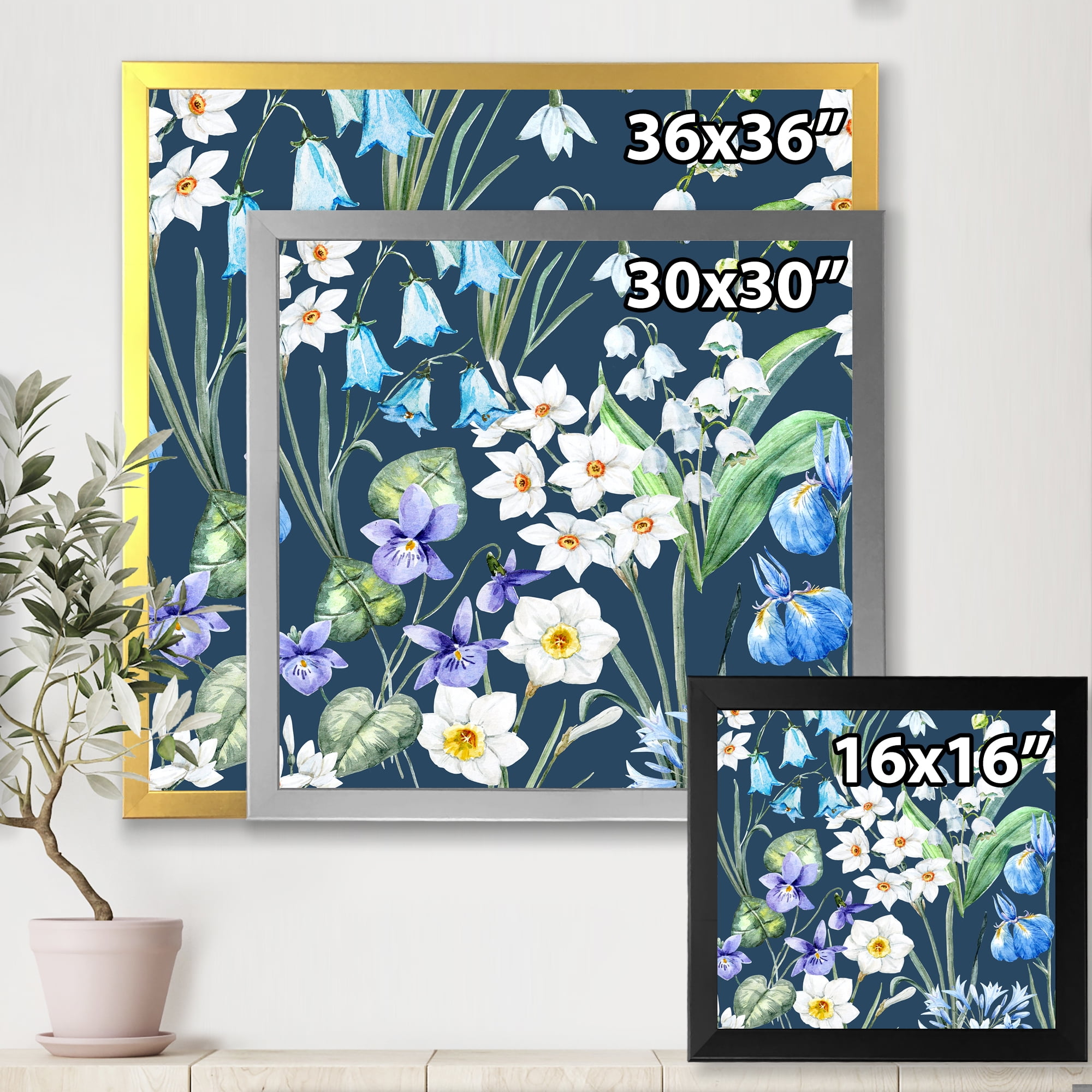 Blue and White Spring Flowers On Dark Blue 36 in x 36 in Framed Painting Canvas Art Print, by Designart