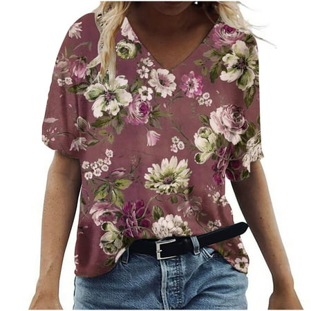 

Big&Tall womens summer tops 2023 Women s Fashion Casual Plus Size Scenic Flowers Printing V-Neck T-Shirt Tops Loose Short Sleeve womens summer tops 2023 Wine 5XL