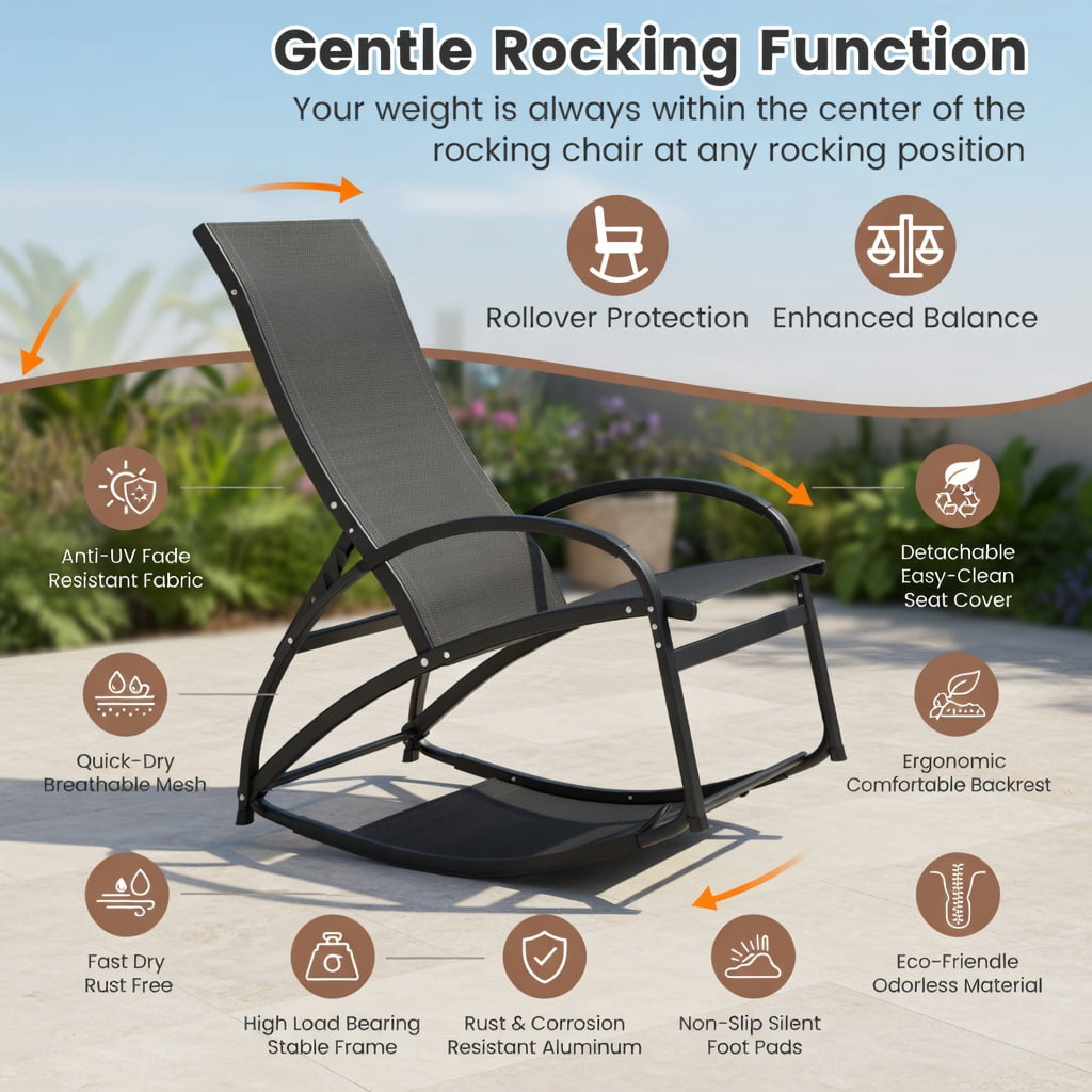 Hommoo 2-in-1 Aluminum Rocking Lounge Chair with 4-Position Adjustable Backrest, Weather-Resistant Patio, Poolside & Balcony Seating, Black