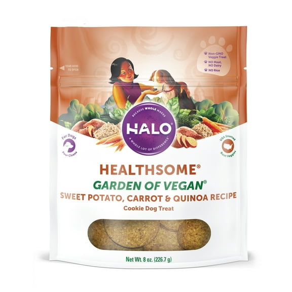Halo Healthsome Garden of Vegan Grain-Free Natural Crunchy Dog Treats, Sweet Potato, Carrot, Quinoa Recipe, 8 Oz. Bag