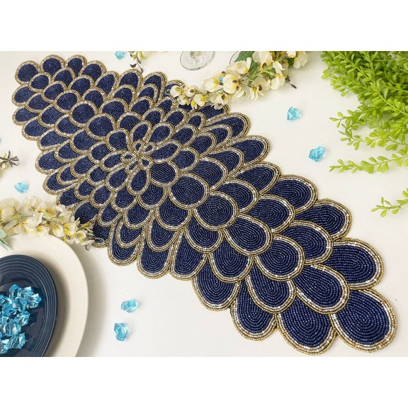 Handmade bead table runner, floral beaded runner, 13x36inch