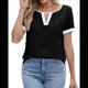 thumbnail image 2 of Blusas Informales Elegantes para Mujer, Blusas de Trabajo Informales de Negocios, Camisas de Corta con Cuello en V y Bloques de Color, Verano 2025 Negro XL, 2 of 9