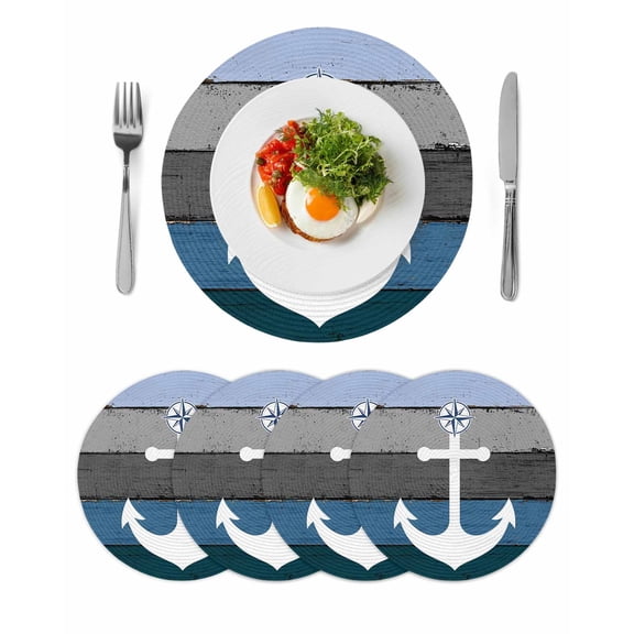 Blue Nautical Anchor Round 13 Inch Placemats Set of 4, Rustic Distressed Wood Grain HeatResistant Non Slip Place Mats for Dining Table, Wipeable Braided Kitchen Table Mats for Housewarming
