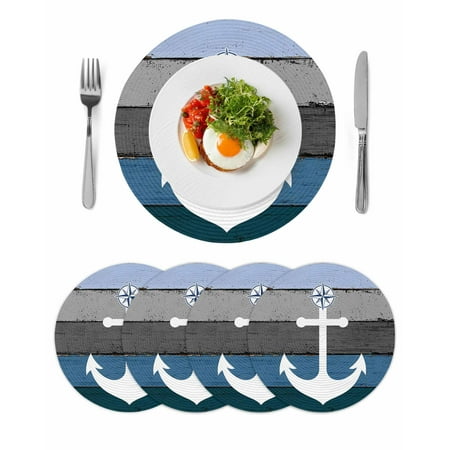 Blue Nautical Anchor Round 13 Inch Placemats Set of 4 Rustic Distressed Wood Grain HeatResistant Non Slip Place Mats for Dining Table Wipeable Braided Kitchen Table Mats for Housewarming