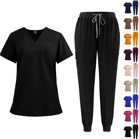 Nursing Scrubs for Women Set V-Neck Short Sleeve Top with Pockets & Pants Quick Dry Lightweight Medical Uniform for Healthcare Professionals Clinic Hospital Black L