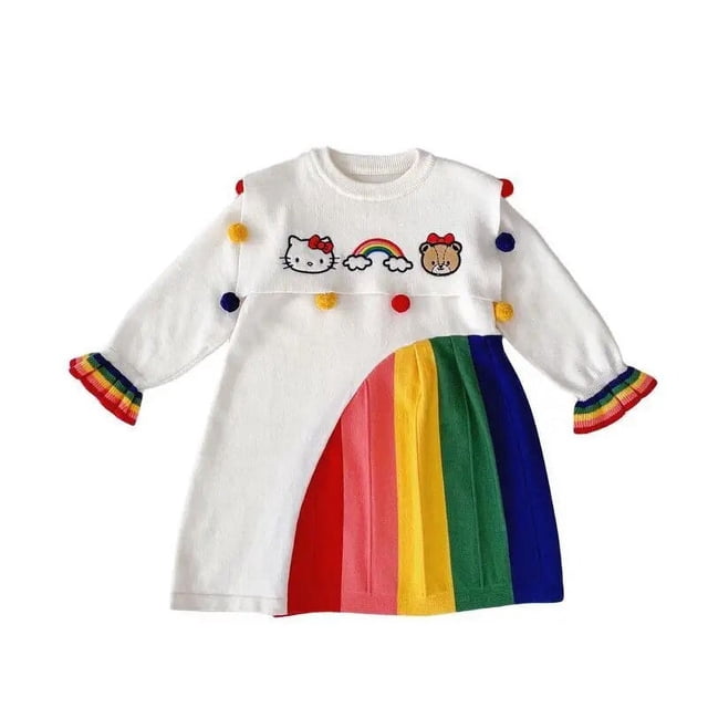 Anime Sanrio Hello Kitty Robe Tricotée pour Filles, Manches Longues, Chandail Chaud, Automne Hiver, Vêtements pour Enfants