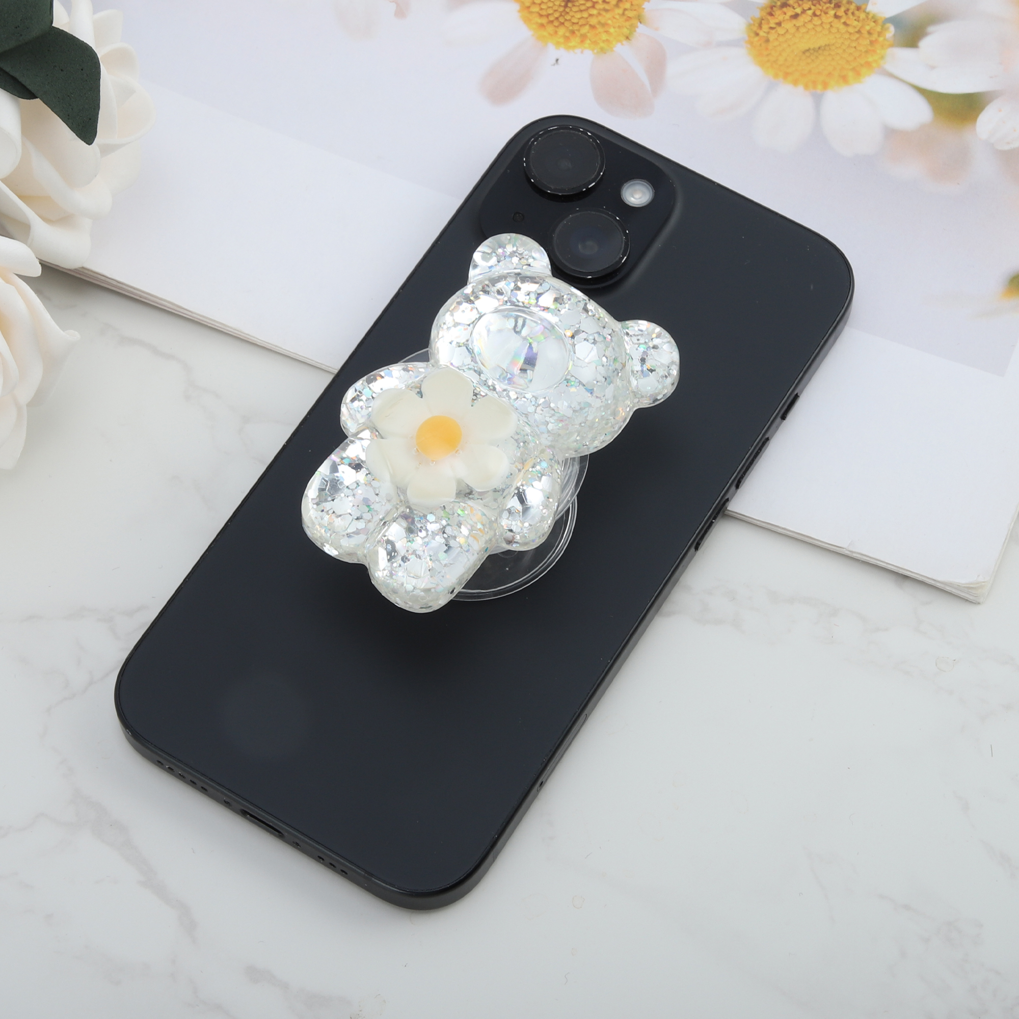 Unique Bargains Bear High-Shine Hexapetalous Flower Phone Grip White