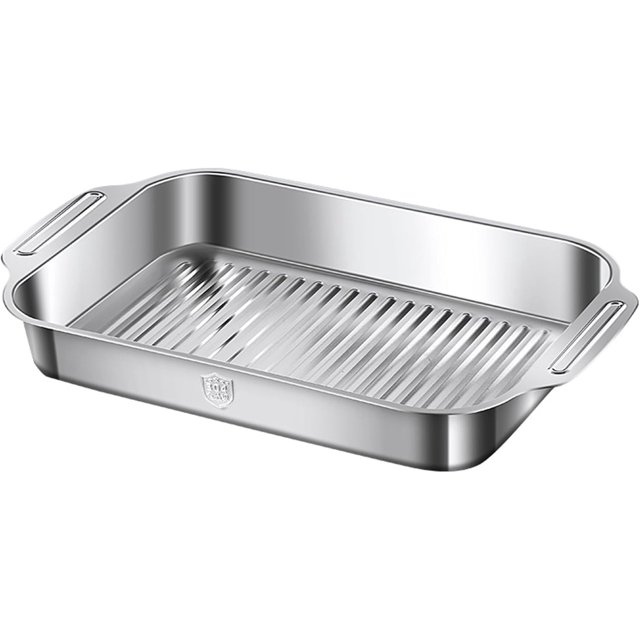 Stainless Steel Fish Baking Tray - 36/40cm Rectangular Roaster/Roasting Pan and Striped Bottom Dessert Cake Plate Serving Platter Dish Steamer Tray for Turkey Beef, Dishwasher Safe (40cm,Shallow)