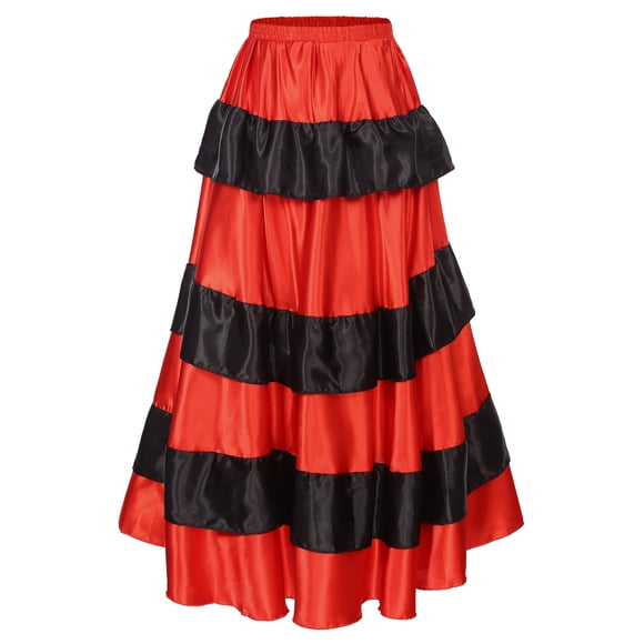 Raenseen Women's Flamenco Dance Skirt Spanish Mexican Circle Long Tiered Ruffles Ballroom Dancing Type A 360 Degree One Size