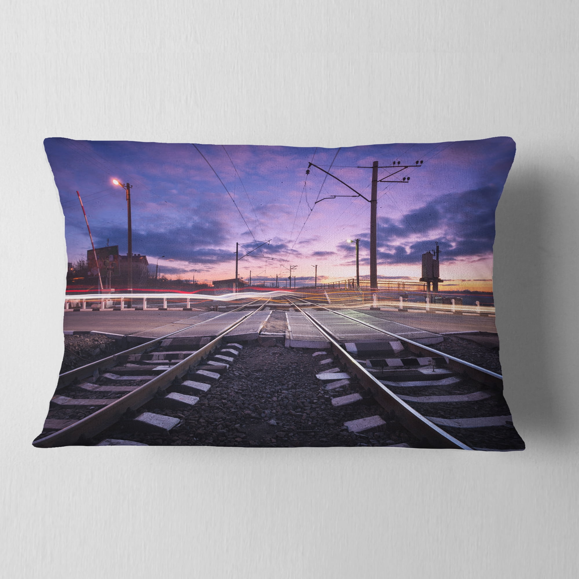 Designart Rail Crossing with Blurred Car Lights - Cityscape Photo Throw Pillow - 12x20